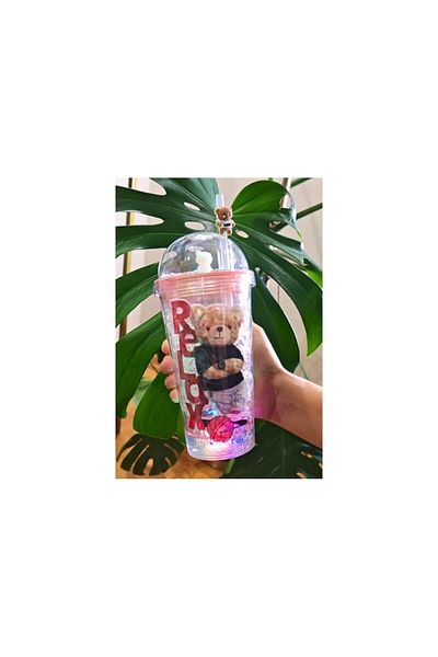 Lexi Bella Straw Drinker Character 450ml Double Layer Mica Frosted Glass Led Light Pink