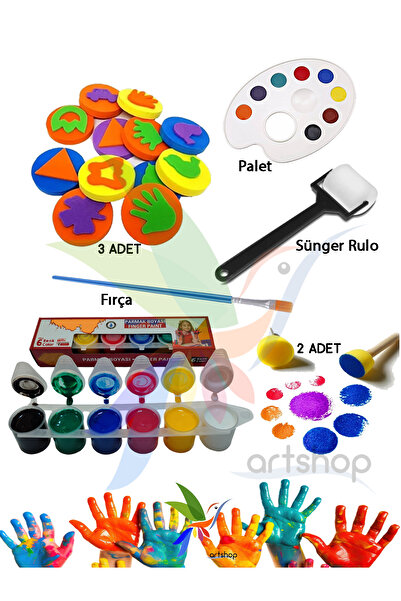 Artshop 6x25 ml Parmak Boyası, 3 Adet Eva Baskı, Ponpon Fırça, Sünger Rulo, Palet, Fırça Çocuk Boyama Seti