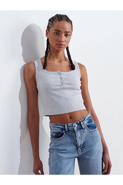 Dilvin 20983 Buttoned Square Collar Top-Gray Melange