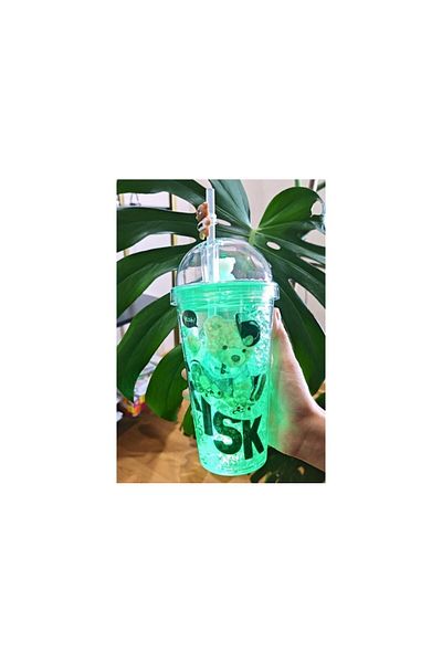 Lexi Bella Straw Character Risk Teddy Bear Drinker Led Light Frosted Glass Appearance 450 ml Double Layer Mica Green 2768