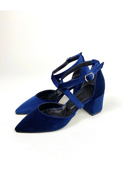 Gloriys Ayakkabı & Çanta Pantofi cu toc gros de 6 cm din catifea albastru noapte 01401