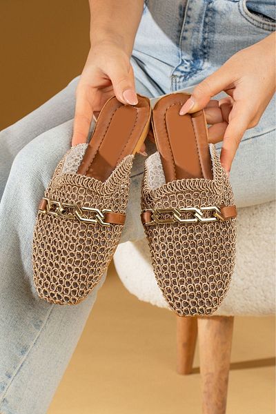 FUGA MODA Estelya Mink Chain Belted Embroidery Detailed Closed Front Slippers