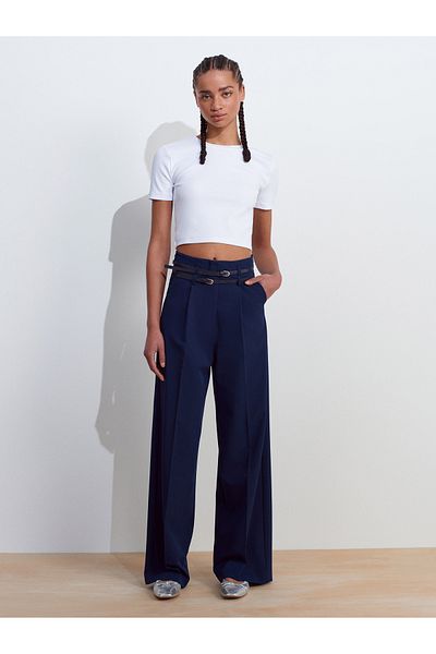 Dilvin 71617 Belted High Waist Trousers-Indigo