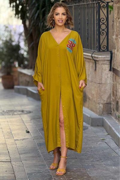 Nevin Kaya Moda Πουκάμισο Plus Size - Λιπαρό Πράσινο Βιολετί Κεντημένο Διπλής Όψης 100% Βαμβακερή Βισκόζη