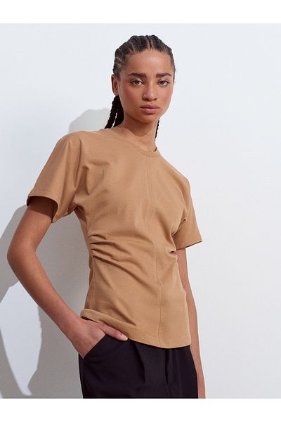 Dilvin 31585 Drape Detailed T-Shirt-Caramel