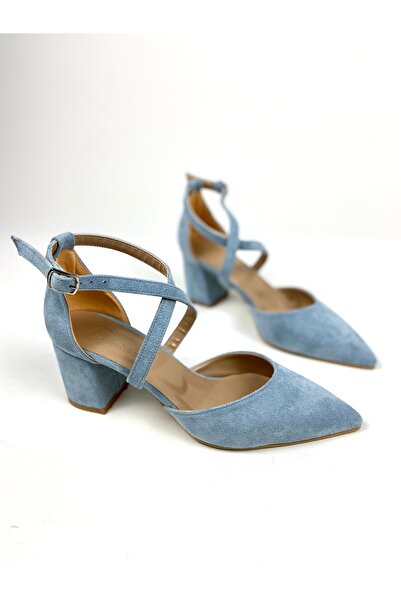 Gloriys Ayakkabı & Çanta Pantofi cu toc gros de 6 cm din piele intoarsa albastru 01401