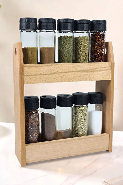 Binbirreyon Double Tiered Spice Rack with Wooden Stand 10 Jars Countertop 24cm Ra428