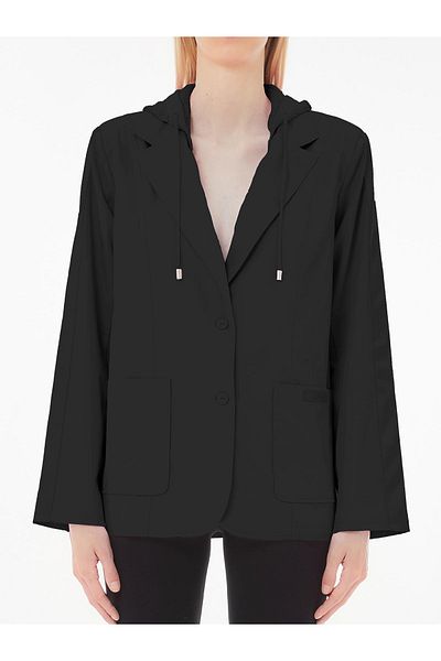 Liu Jo Women's Comfortable Fit Hooded Black Jacket with Pocket Detail Long Sleeve Button Closure 5282Ts