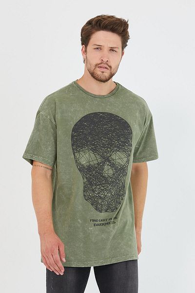 Polo State Men's Piece Paint Printed Oversize Basic T-shirt Khaki