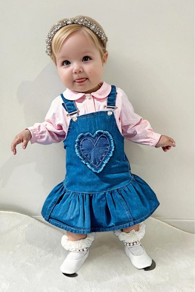 TRENDİMİZBİR Pink Baby Girl Denim Dress - Heart Embroidered