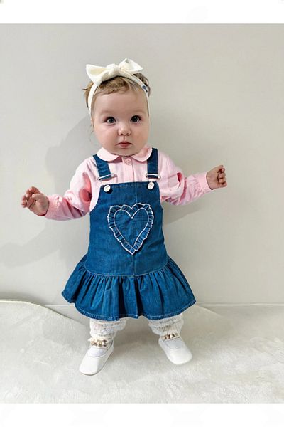 TRENDİMİZBİR Pink Baby Girl Denim Dress - Heart Embroidered