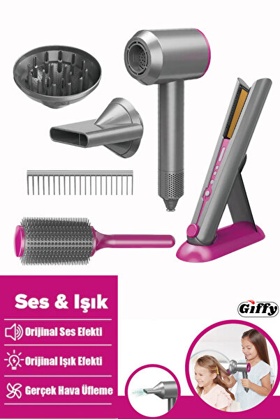giffy Oyuncak Saç Bakım Seti Saç Kurutma Makinesi ve Saç Maşası Pilli Sesli v...