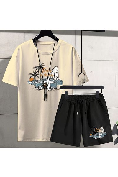 LUNAVISTA Men's 2-Piece Suit, Round Neck T-Shirt with Shorts, Car and Palm Print
