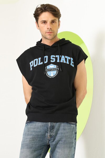 Polo State Tricou cu glugă cu mânecă zero pentru bărbați, negru