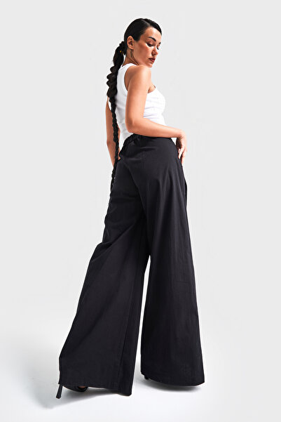 its basic Pantaloni de damă, de culoare neagră, din țesătură elastică de in Palazzo Fit Design