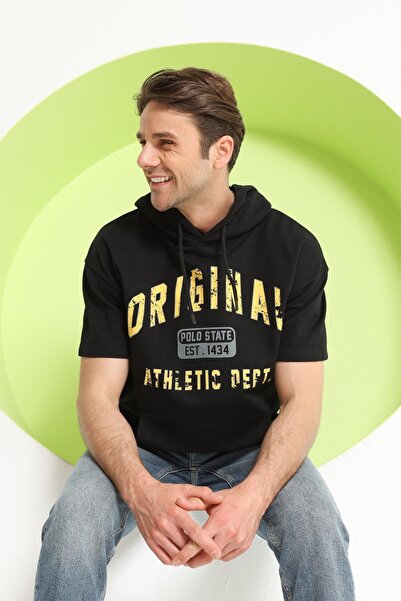 Polo State Baskılı Oversize Kapüşonlu Erkek T-Shirt Siyah