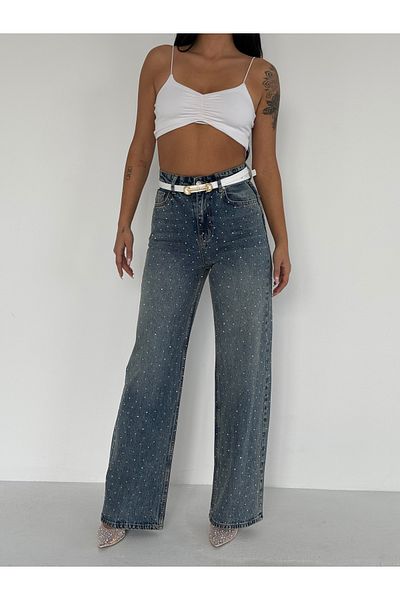 Fiori Pantaloni din denim cu piatră cu picioare largi
