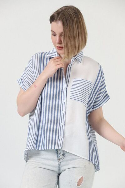 SUN STYLE Cămașă cu mânecă scurtă cu dungi albastre din in 100%.
