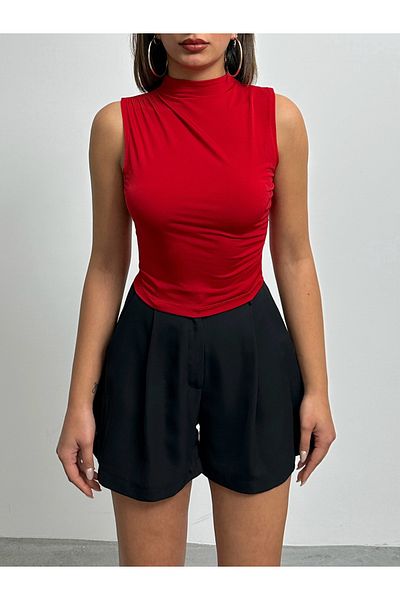 BEJNA Women's Red Sleeveless Drawstring Detailed Stand Collar Blouse
