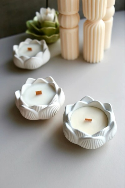 ersu store 2 Adet Soya Mum Beton Ahşap Fitilli Lotus Çiçek Seti Kokulu Mum He...