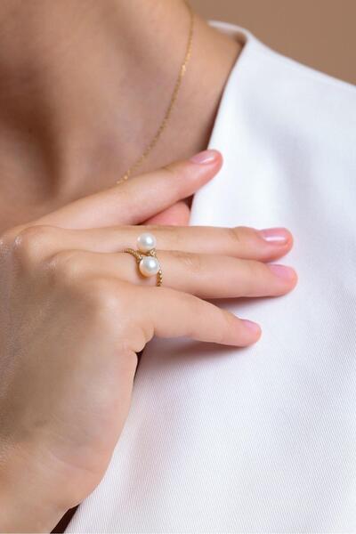 Birinci 14 Ayar Altın 8 mm Burgulu İki İncili Doğal İnci Yüzük