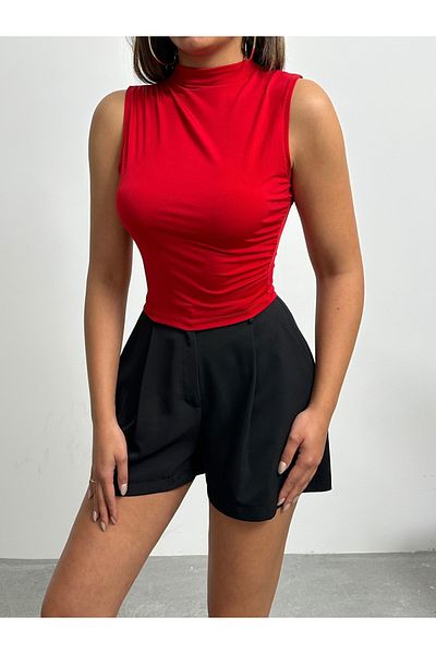 BEJNA Women's Red Sleeveless Drawstring Detailed Stand Collar Blouse
