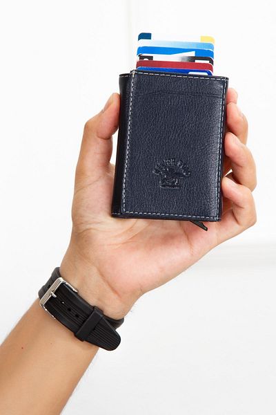 Newish Polo Ανδρικό πορτοφόλι και θήκη για κάρτες από γνήσιο δέρμα - Navy Blue