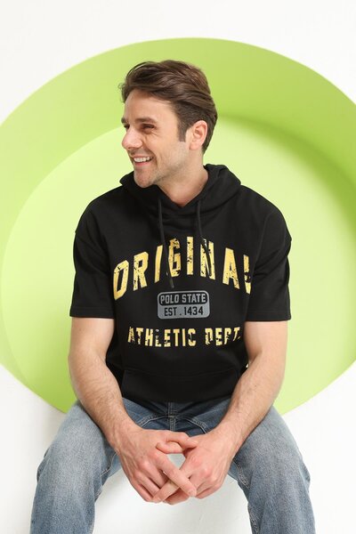 Polo State Baskılı Oversize Kapüşonlu Erkek T-Shirt Siyah