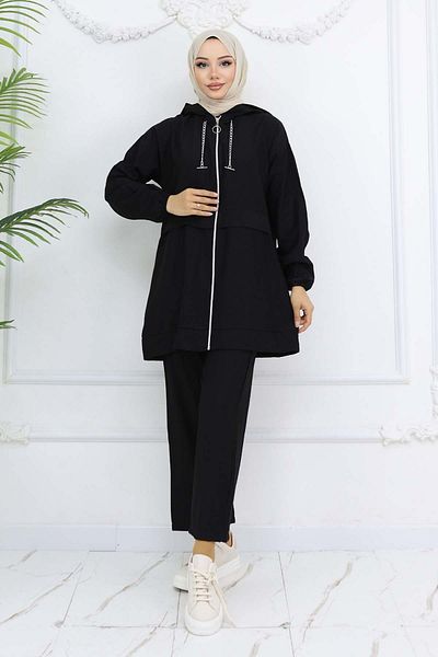 benguen Black Black Chain Detailed Hijab Suit 4760