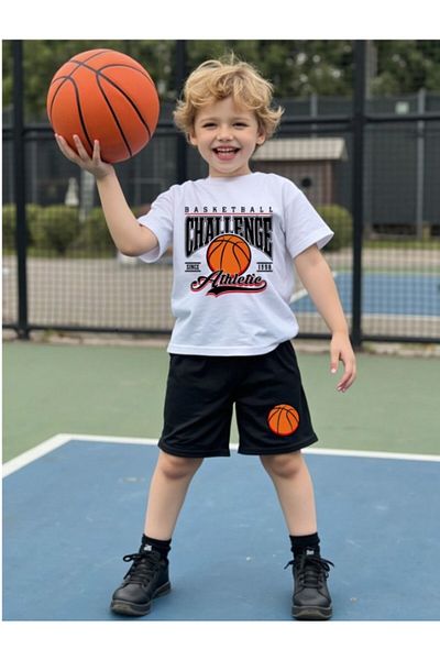 MORNİNG KİDS Boy's White-Black Challenge Basketball Printed T-Shirt-Shorts Set