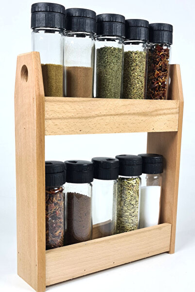 Binbirreyon Double Tiered Spice Rack with Wooden Stand 10 Jars Countertop 24cm Ra428