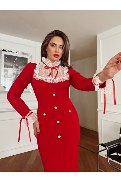 1Moda1Tarz Kadın İthal Kumaş Kurdele Ve Şifon Detaylı Özel Tasarım Düğmeli Astarlı Tasarım Elbise