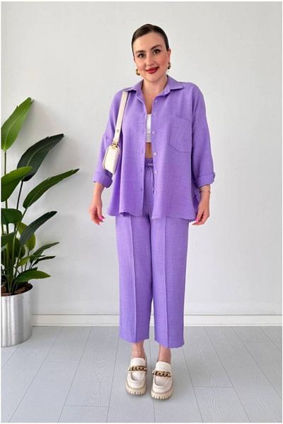 BUTİK1AVM Black - Lila - Cream Colors Women's Linen Double Suit Shirt - Pants (Pants with Drawstring)