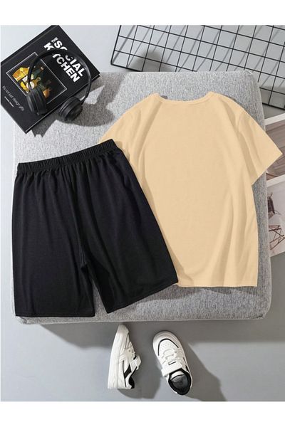 MORNİNG KİDS Boy's Beige-Black Brooklyn Printed Combed Cotton T-Shirt Shorts Set