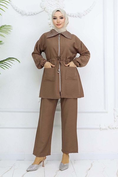 benguen Hijab Suit with Stone Detailed Collar, Brown 4727