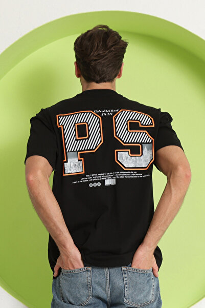 Polo State Tricou oversize cu imprimeu PS pentru bărbați, negru
