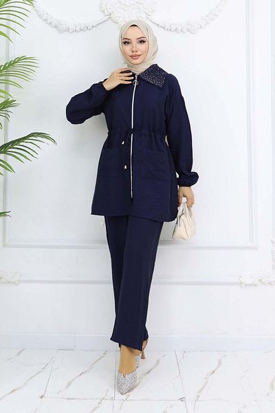 benguen Stone Detailed Hijab Suit Navy Blue 4727