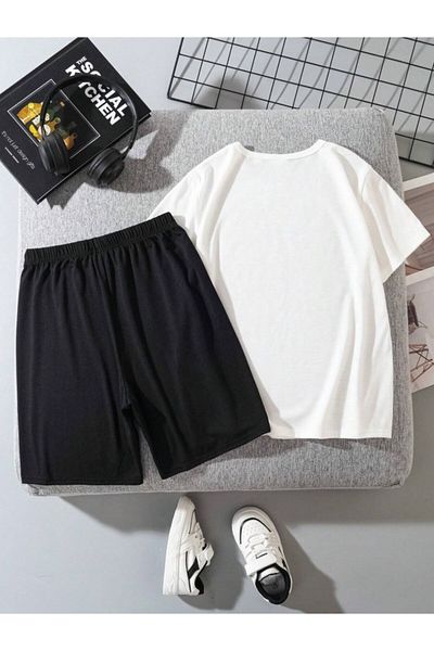 MORNİNG KİDS Boy-Girl White-Black Happy Printed Combed Cotton Shorts T-Shirt Set
