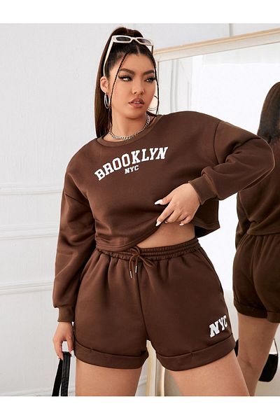 PENTHİLUS Letter and Graphic Printed Sweatshirt with Off Shoulder, Long Sleeves and Shorts