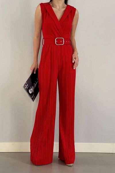 Mossta Double Breasted Collar Pleated Red Belted Jumpsuit