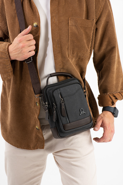 Çanta Trend Mega Erkek Siyah Kahve Kanvas El Çapraz Omuz Askılı Çanta