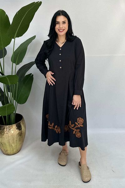 GÖKSEL Poplin Maxi Dress with Embroidered Skirt Tip Large Size