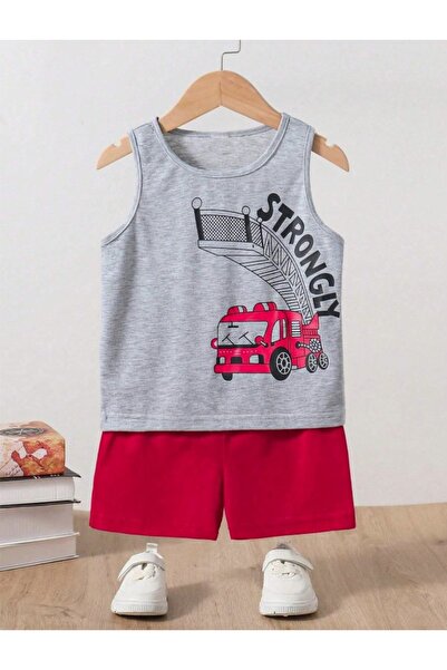 LOUİSA Boy's Grey-Red Strongly Printed Zero Sleeve T-Shirt-Shorts Set