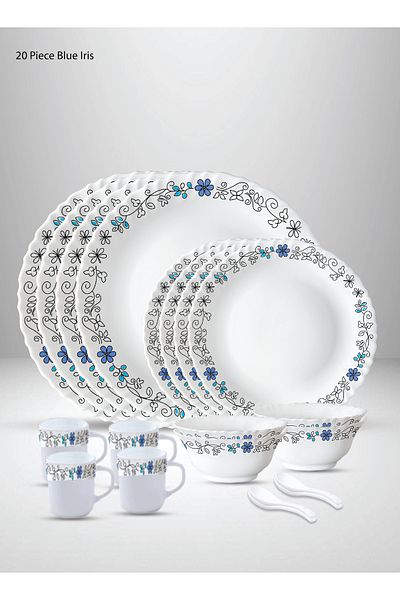 British Chef 20 Pieces Opalware Dinner Set |Microwave, Dishwasher & Frezzer Safe | Blue Iris Dinnerware set