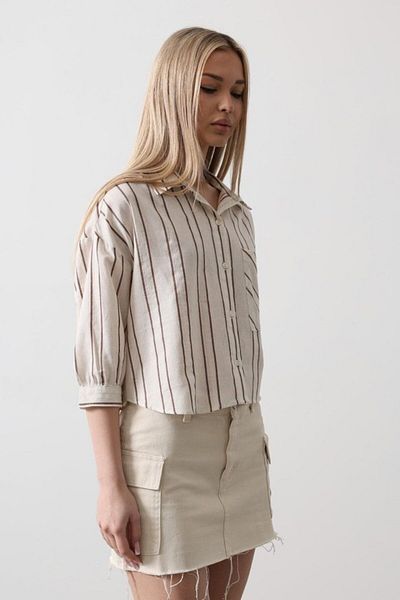 leyla sanat sanata yeni bir bakış açısı Leyla Sanat a New Perspective on Art Striped Short Shirt - Ecru-Brown