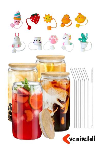 Yenigeldi 4 Pieces Glass Cup with Bamboo Lid Ice Coffee Smoothie Cocktail Glass 4 Glass Straws and 2 Cleaning Brushes