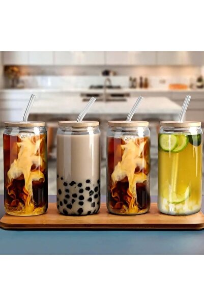 Yenigeldi 4 Pieces Glass Cup with Bamboo Lid Ice Coffee Smoothie Cocktail Glass 4 Glass Straws and 2 Cleaning Brushes