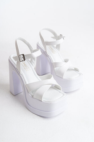 Redoxy Women's Special High Platform Heeled Ankle Lace-Up Cross Strap White Sandals