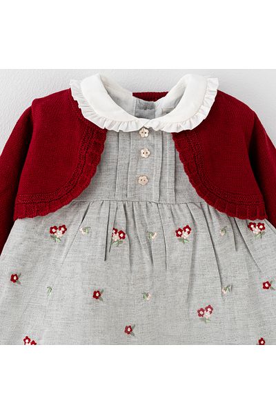 İNDİGO Baby Girl Gray Red Linen Bolero Dress