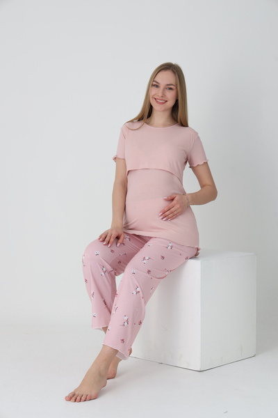 Miss Dünya Lissa Emzirmeye Uygun Kısa Kol Alt Pijama Baskılı Hamile ve Lohusa Pijama Takımı